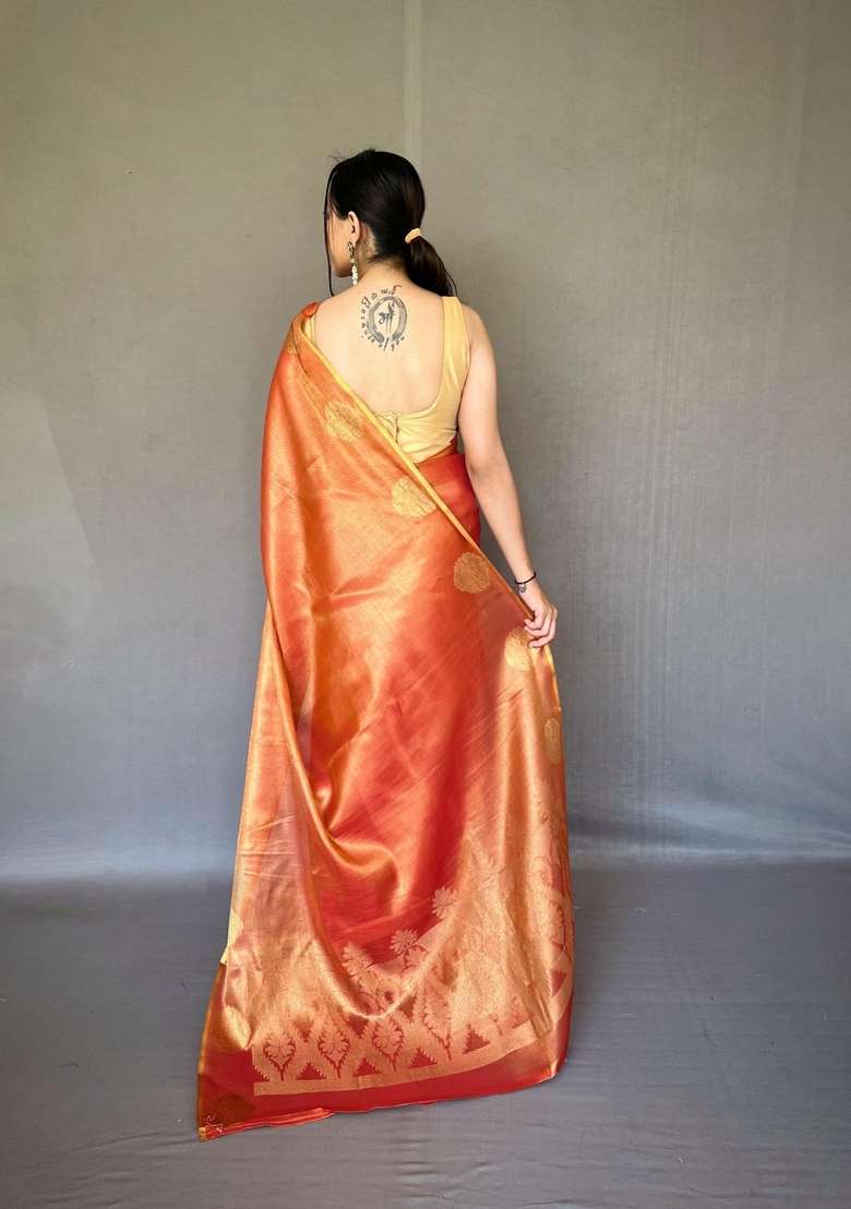 Orange Zari Work Silk Blend Saree Set for Diwali and Festive Wear - Indya