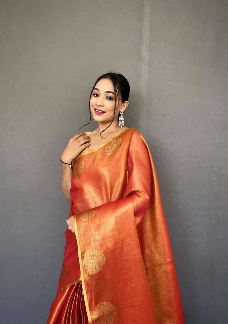 Orange Zari Work Silk Blend Saree Set for Diwali and Festive Wear - Indya