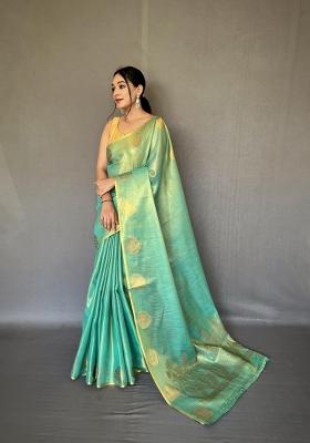 Rama Green Zari Work Silk Blend Saree Set