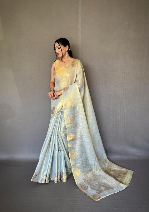 Sea Green Zari Work Silk Saree Set — view on Indya