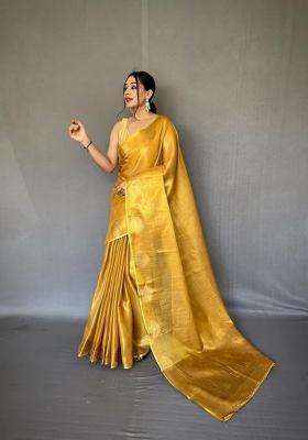 Yellow Zari Work Silk Blend Saree Set