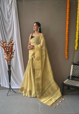 Cream Zari Work Silk Blend Saree Set