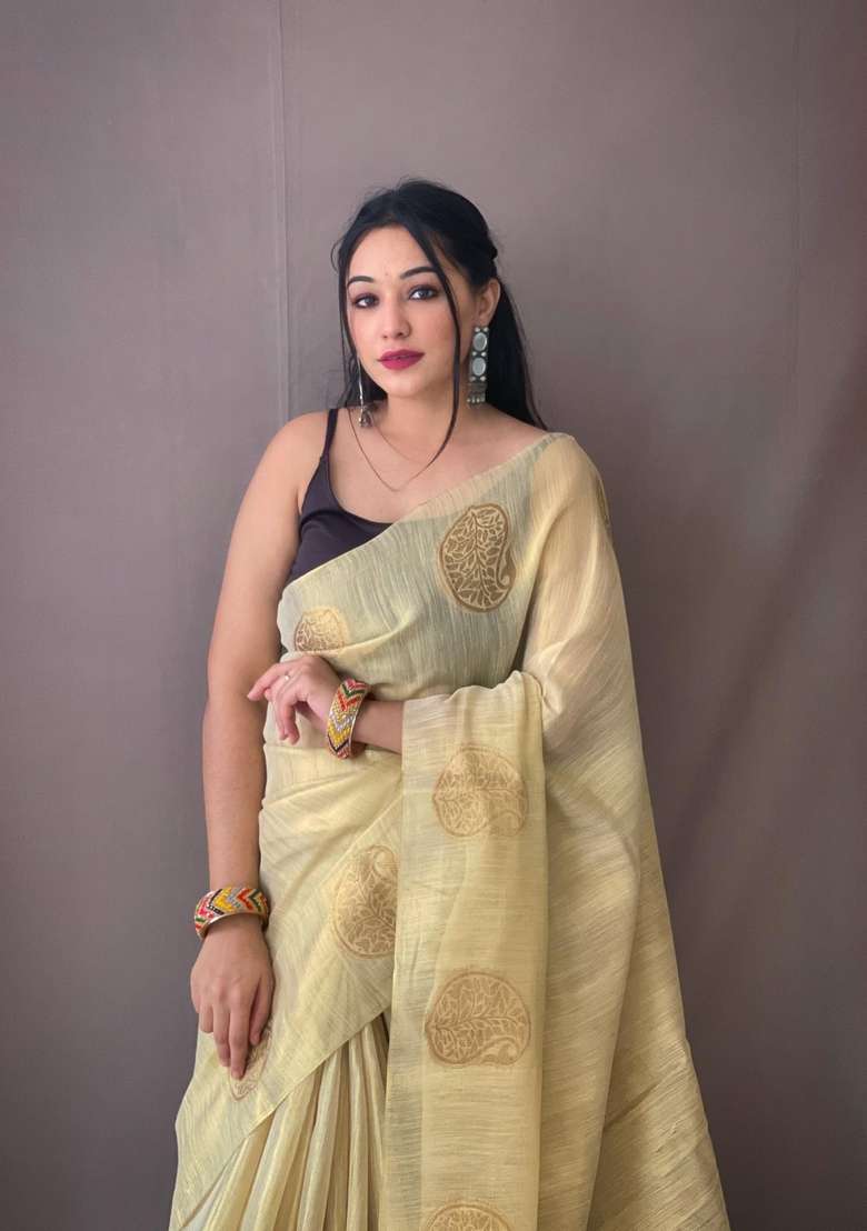 Cream Silk Blend Saree Set with Zari Work for Diwali | Wedding & Festive Wear - Indya