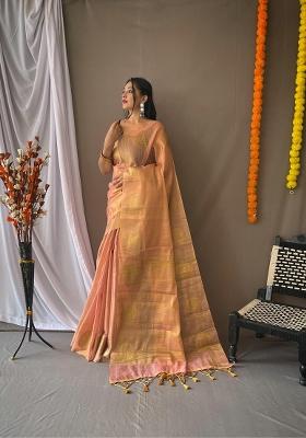 Light Peach Zari Work Silk Blend Saree Set