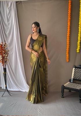 Mehendi Zari Work Silk Blend Saree Set