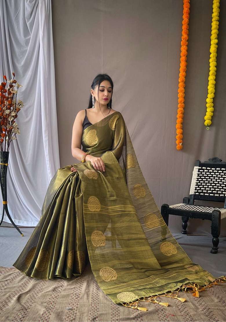 Mehendi Zari Work Silk Blend Saree Set for Diwali and Festive Wear - Indya