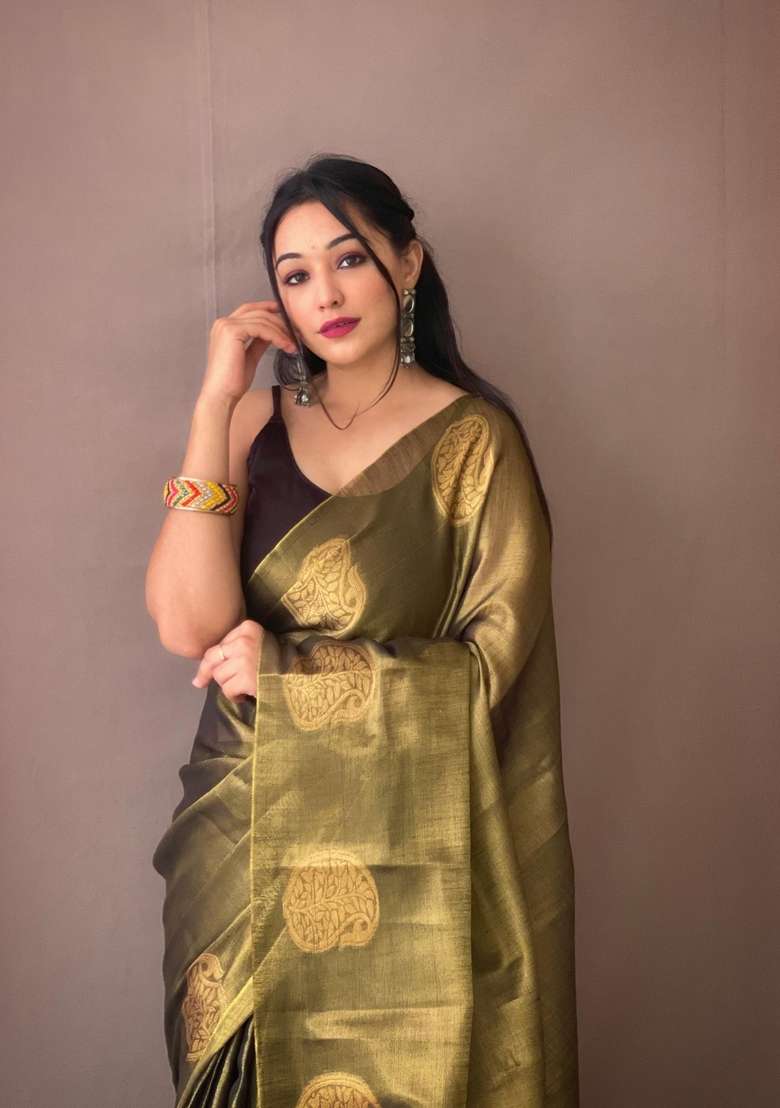 Mehendi Zari Work Silk Blend Saree Set for Diwali and Festive Wear - Indya