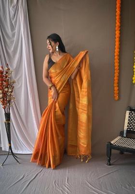 Orange Zari Work Silk Blend Saree Set