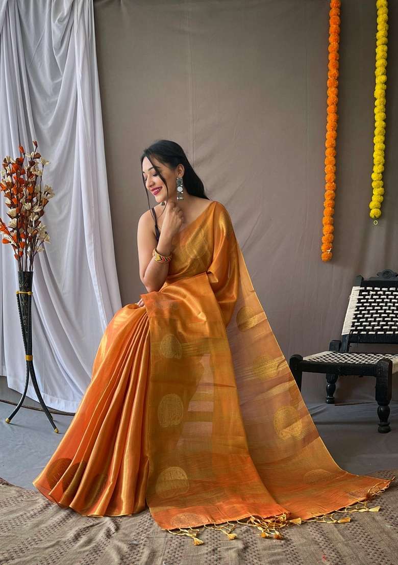 Orange Silk Blend Saree Set with Zari Work for Diwali | Wedding & Festive Wear - Indya