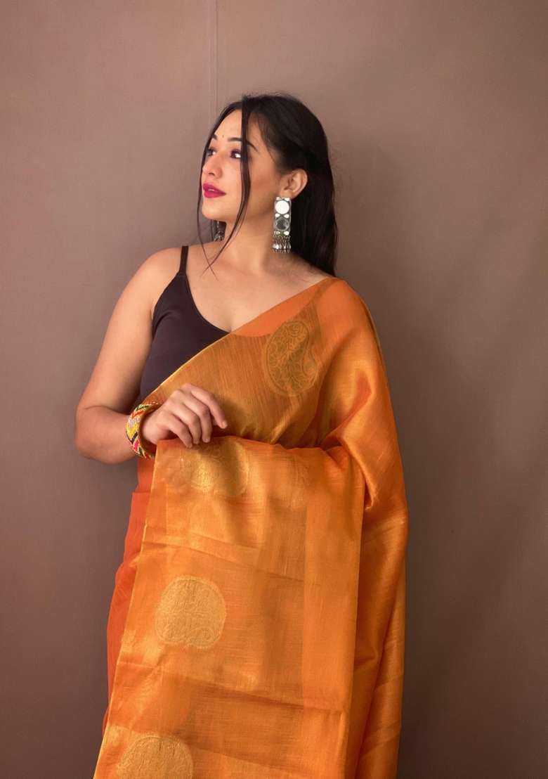 Orange Silk Blend Saree Set with Zari Work for Diwali | Wedding & Festive Wear - Indya