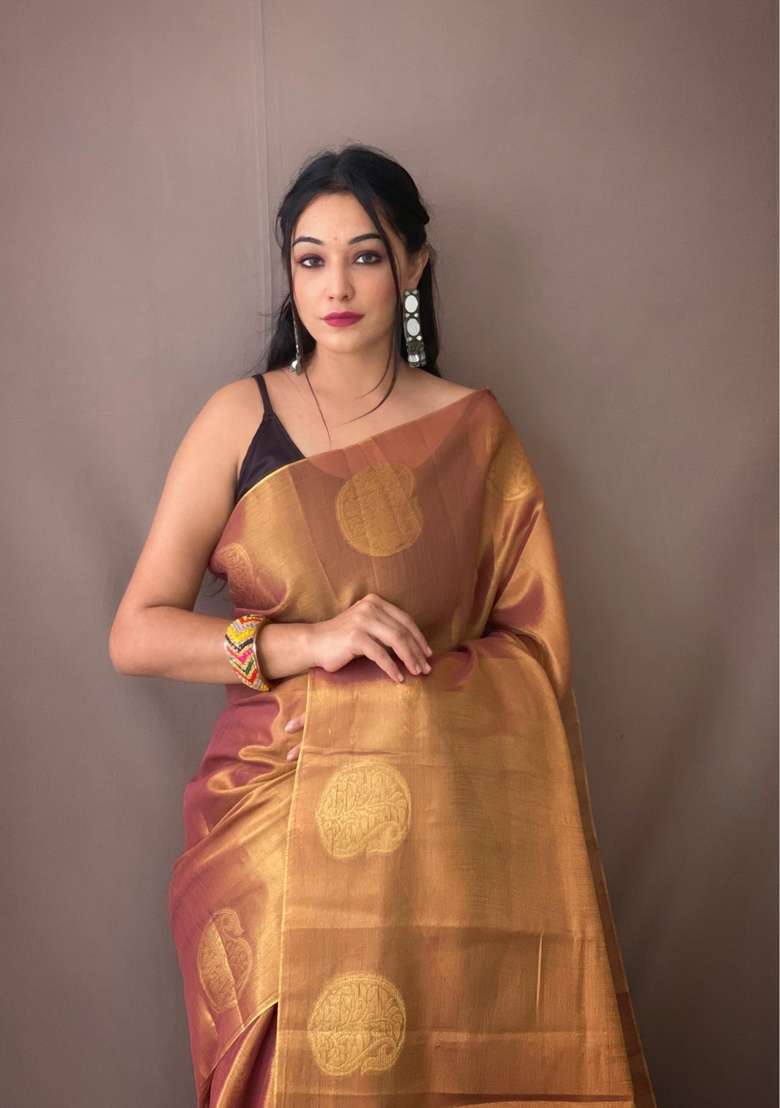 Peach Silk Blend Saree Set with Zari Work for Diwali | Wedding & Festive Wear - Indya