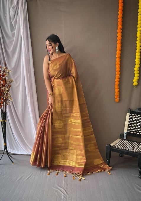 Peach Zari Work Silk Saree Set — view on Indya