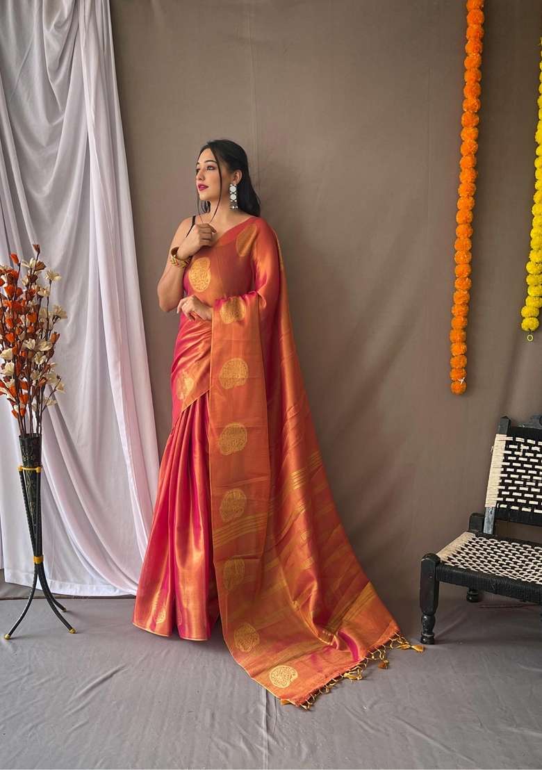 Pink Silk Blend Saree Set with Zari Work for Diwali | Wedding & Festive Wear - Indya
