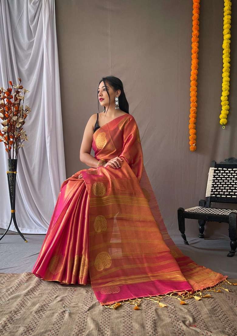 Pink Silk Blend Saree Set with Zari Work for Diwali | Wedding & Festive Wear - Indya