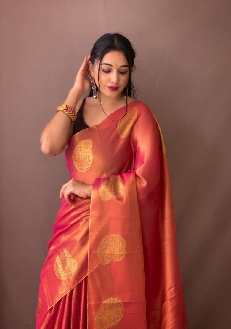 Pink Silk Blend Saree Set with Zari Work for Diwali | Wedding & Festive Wear - Indya