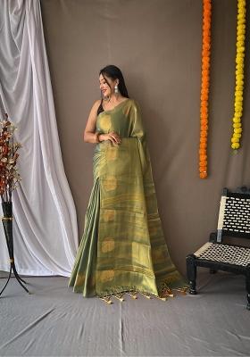 Rama Green Zari Work Silk Blend Saree Set