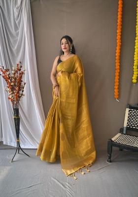Yellow Zari Work Silk Blend Saree Set