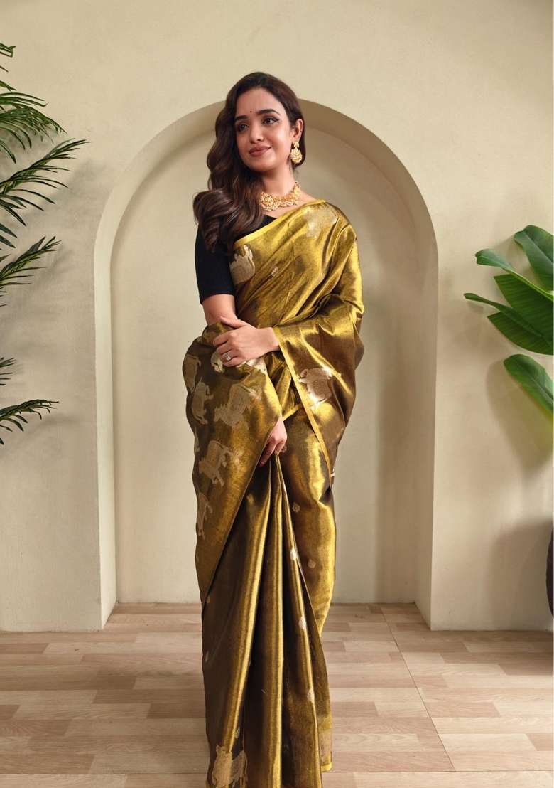 Black Zari Work Silk Blend Saree Set for Diwali and Festive Wear - Indya