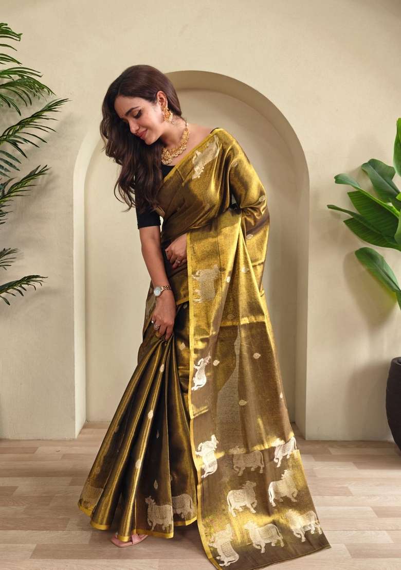 Black Zari Work Silk Blend Saree Set for Diwali and Festive Wear - Indya