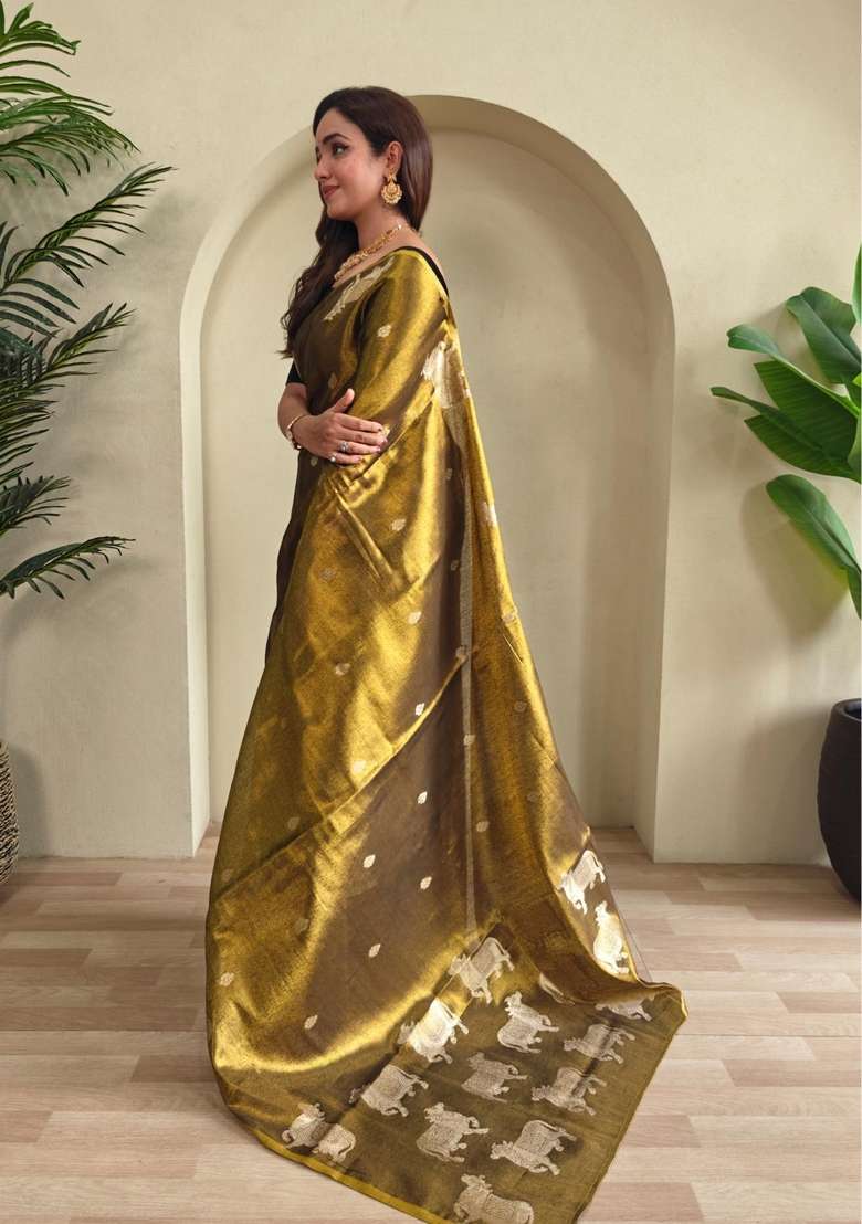 Black Zari Work Silk Blend Saree Set for Diwali and Festive Wear - Indya