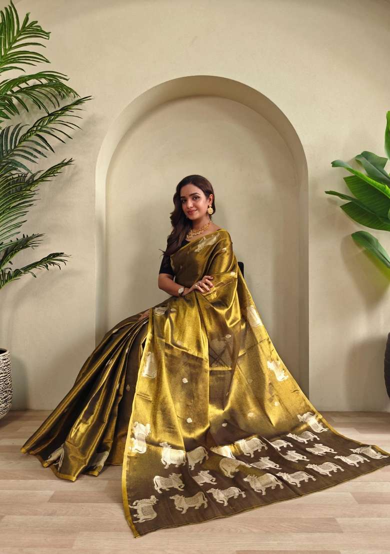 Black Zari Work Silk Blend Saree Set for Diwali and Festive Wear - Indya