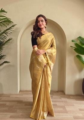Cream Zari Work Silk Blend Saree Set