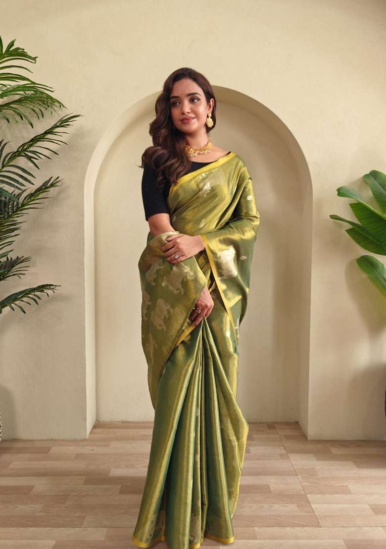 Green Zari Work Silk Blend Saree Set for Diwali and Festive Wear - Indya