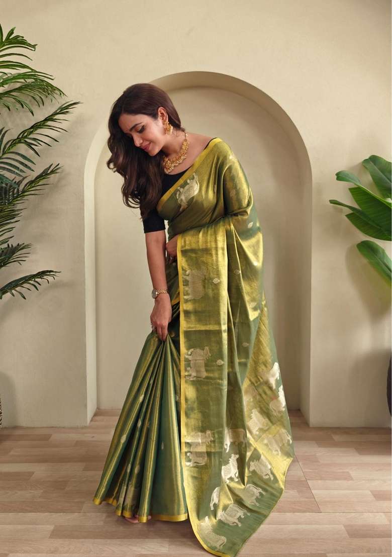 Green Zari Work Silk Blend Saree Set for Diwali and Festive Wear - Indya