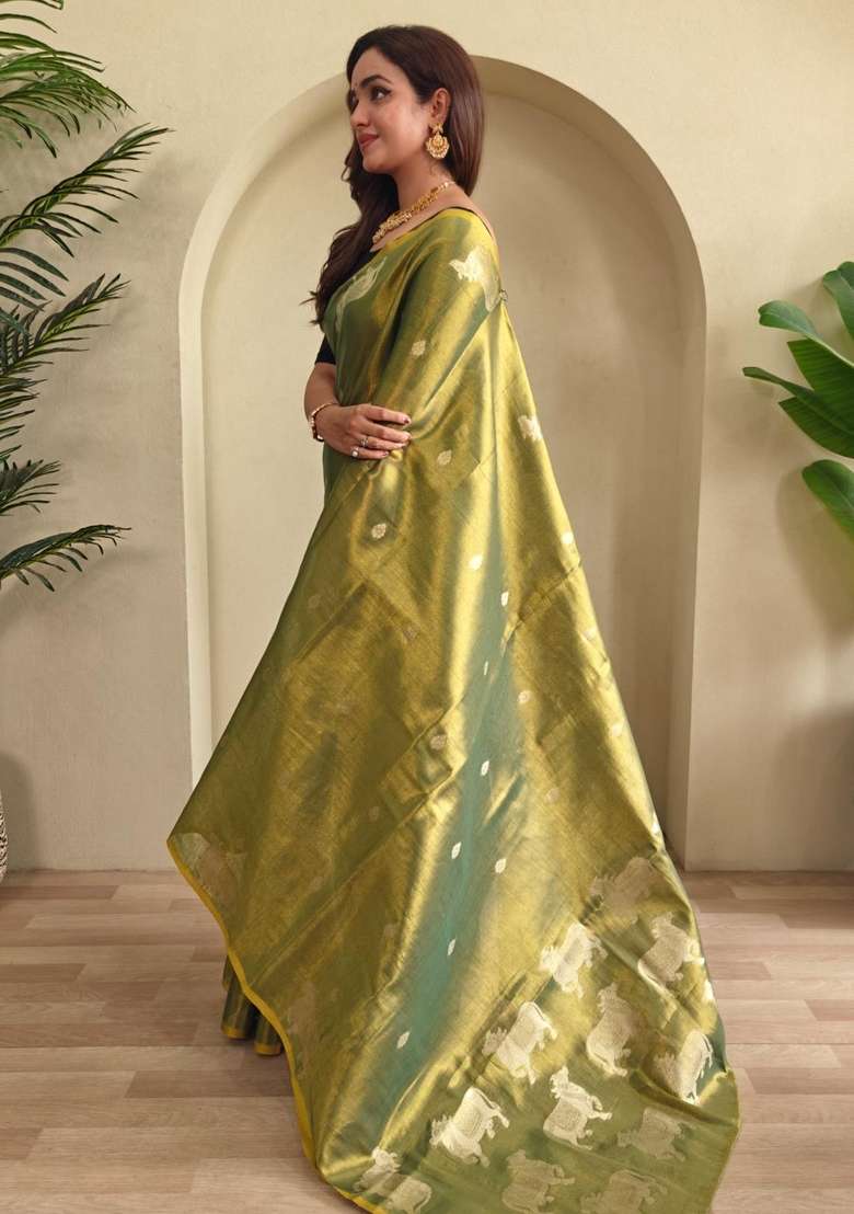 Green Zari Work Silk Blend Saree Set for Diwali and Festive Wear - Indya