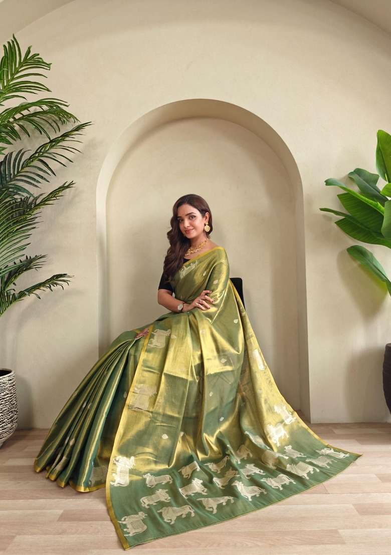 Green Zari Work Silk Blend Saree Set for Diwali and Festive Wear - Indya