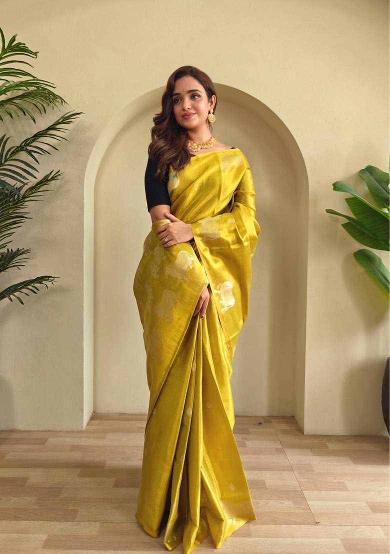 Lemon Zari Work Silk Blend Saree Set for Diwali and Festive Wear - Indya
