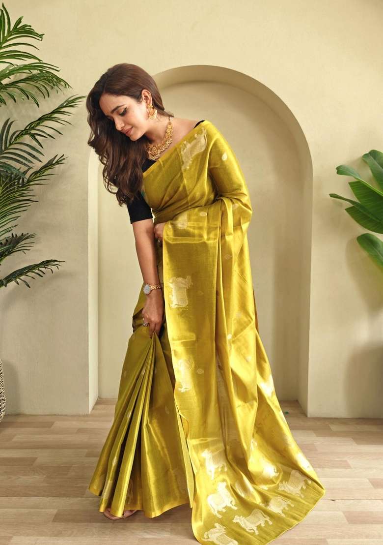 Lemon Zari Work Silk Blend Saree Set for Diwali and Festive Wear - Indya