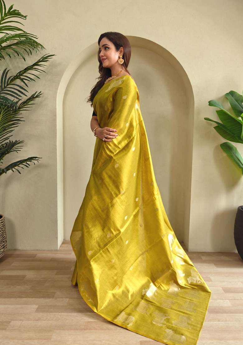 Lemon Zari Work Silk Blend Saree Set for Diwali and Festive Wear - Indya