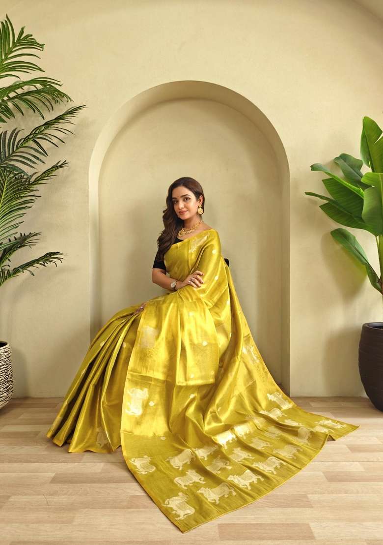 Lemon Zari Work Silk Blend Saree Set for Diwali and Festive Wear - Indya