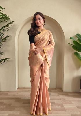 Light Peach Zari Work Silk Blend Saree Set