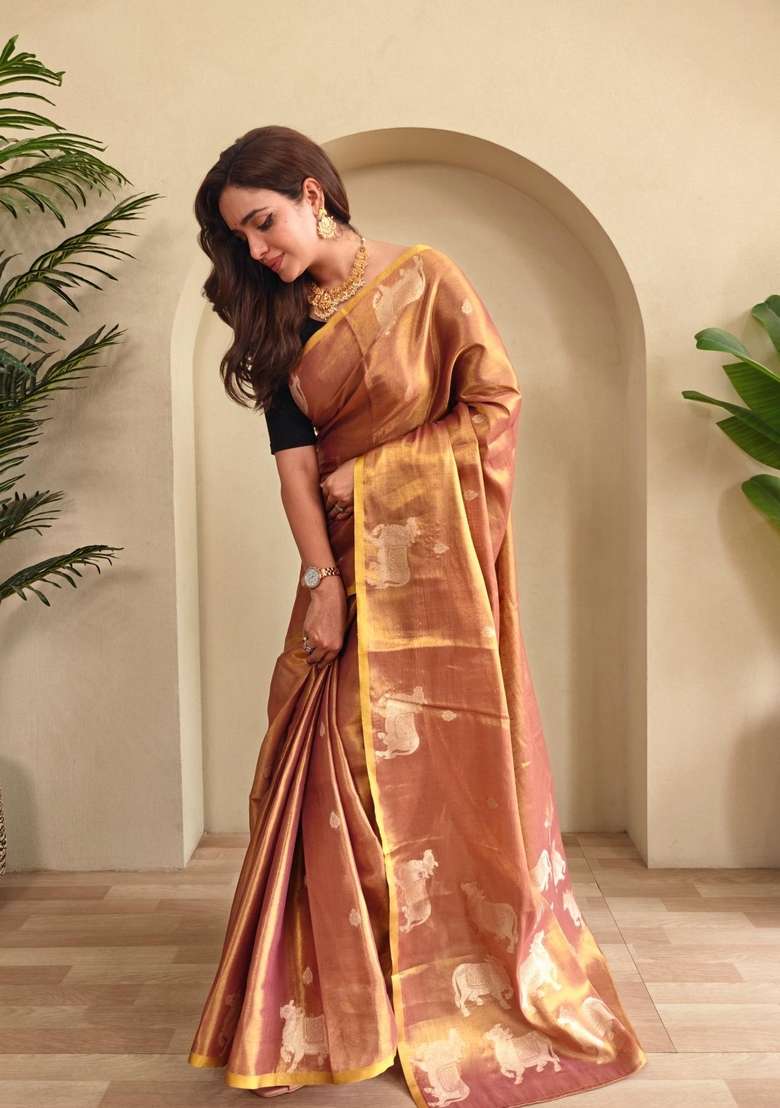 Peach Silk Blend Saree Set with Zari Work for Diwali | Wedding & Festive Wear - Indya