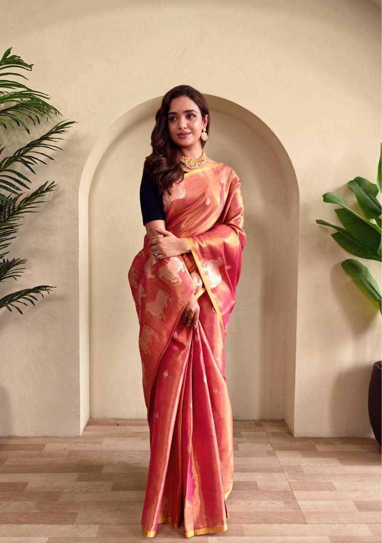 Pink Zari Work Silk Blend Saree Set for Diwali and Festive Wear - Indya
