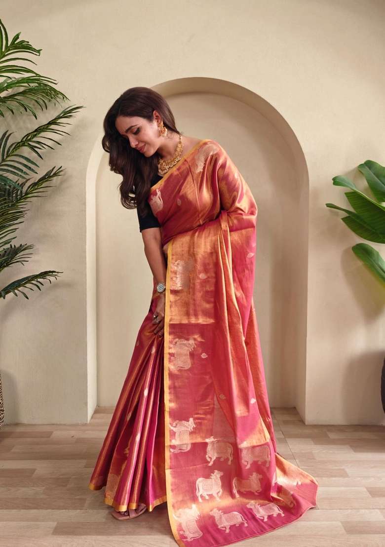 Pink Zari Work Silk Blend Saree Set for Diwali and Festive Wear - Indya