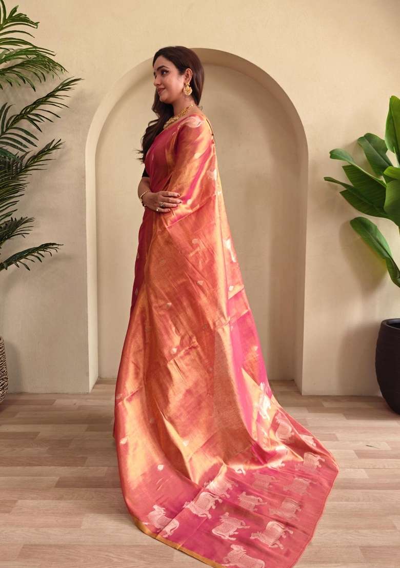 Pink Zari Work Silk Blend Saree Set for Diwali and Festive Wear - Indya