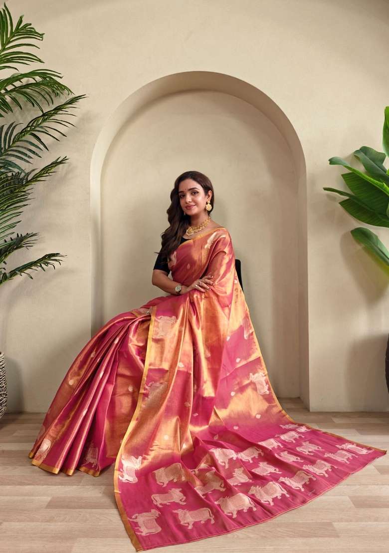 Pink Zari Work Silk Blend Saree Set for Diwali and Festive Wear - Indya