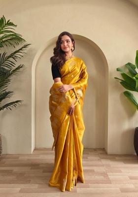 Yellow Zari Work Silk Blend Saree Set