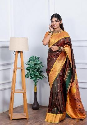 Brown Zari Work Silk Blend Saree Set