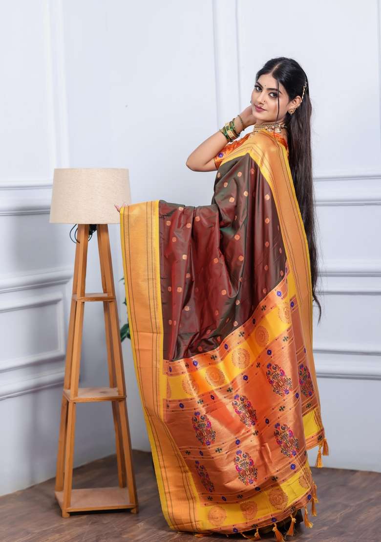 Brown Silk Blend Saree Set with Zari Work for Diwali | Wedding & Festive Wear - Indya