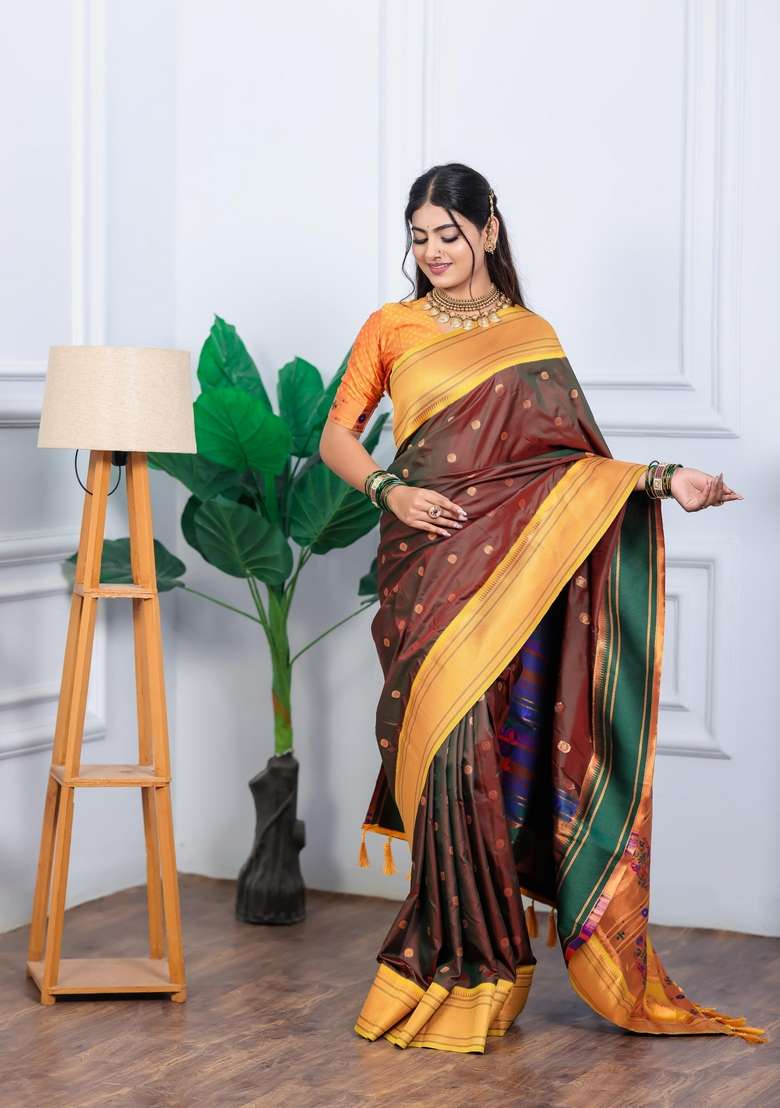 Brown Silk Blend Saree Set with Zari Work for Diwali | Wedding & Festive Wear - Indya