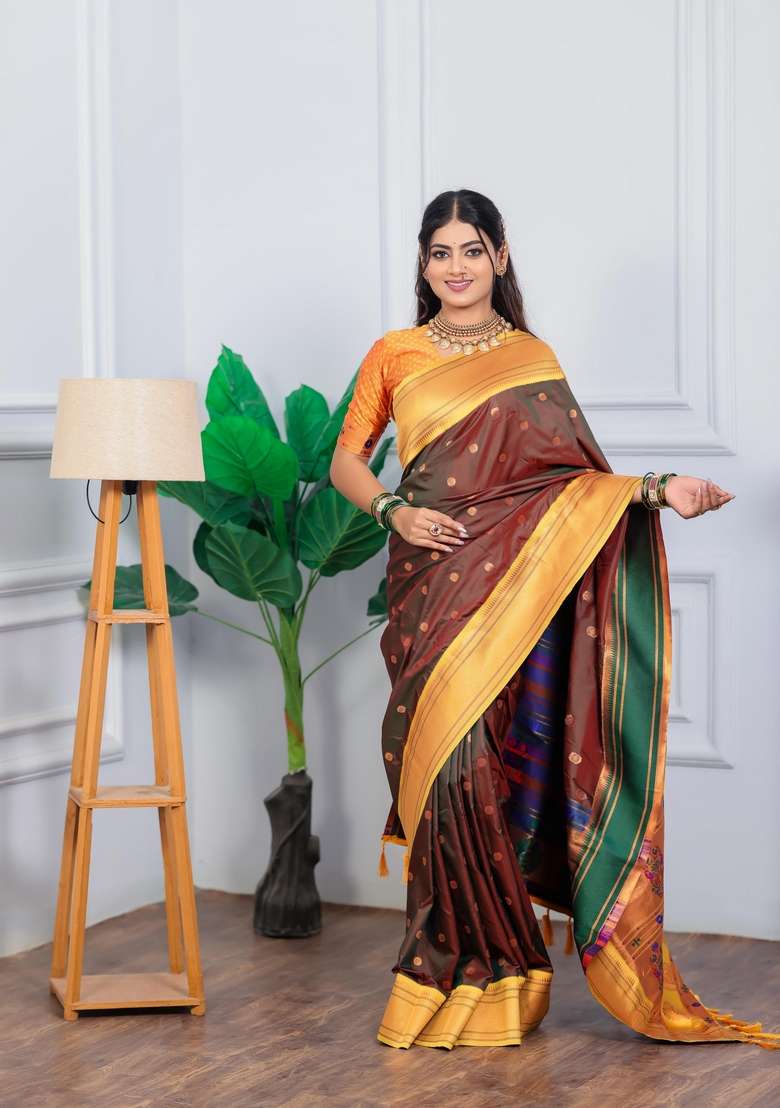 Brown Silk Blend Saree Set with Zari Work for Diwali | Wedding & Festive Wear - Indya