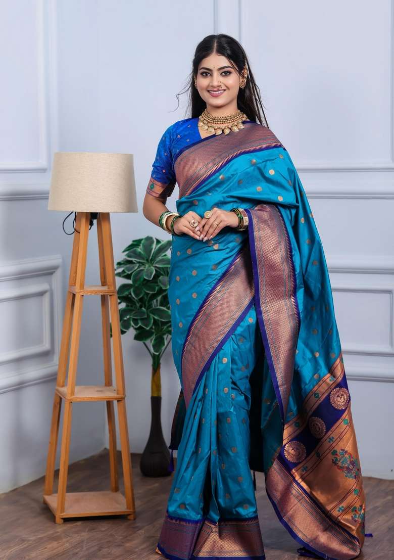 Sea Green Zari Work Silk Blend Saree Set for Diwali and Festive Wear - Indya