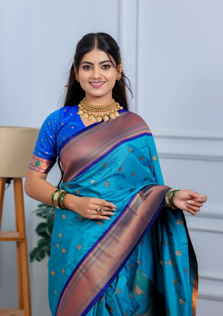 Sea Green Zari Work Silk Blend Saree Set for Diwali and Festive Wear - Indya