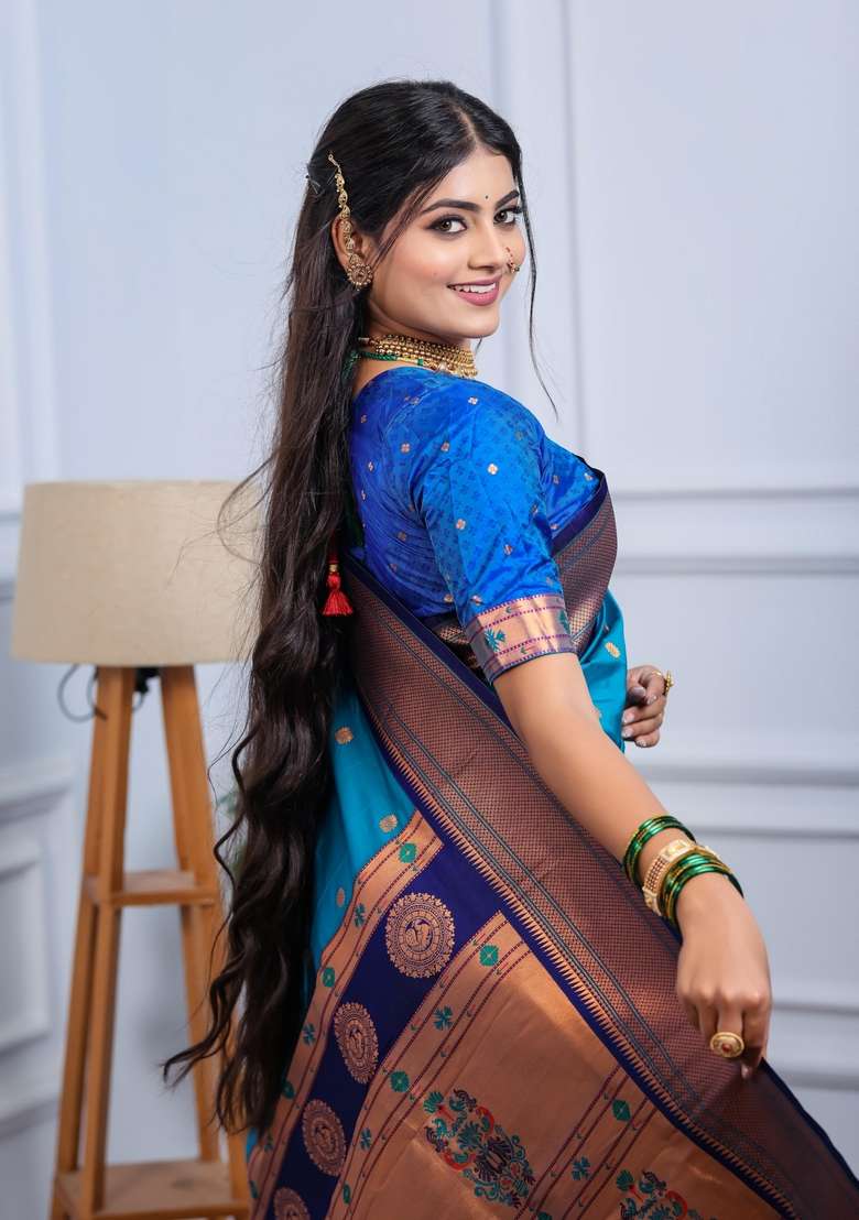 Sea Green Zari Work Silk Blend Saree Set for Diwali and Festive Wear - Indya