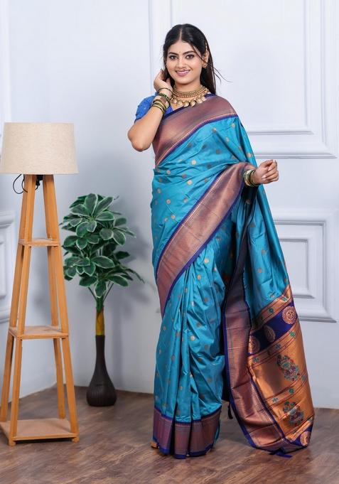 Sea Green Zari Work Silk Saree Set — view on Indya