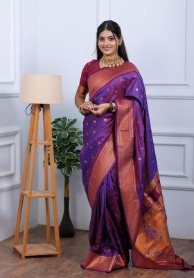 Wine Zari Work Silk Blend Saree Set